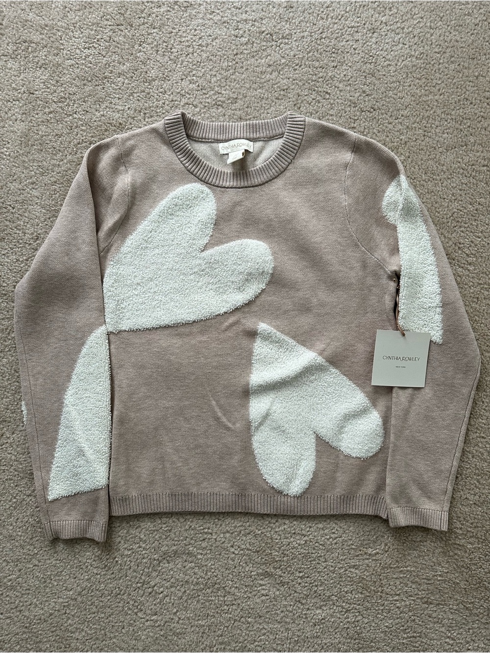 Cynthia Rowley Taupe Crewneck Sweater with White Heart Panels